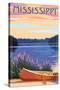 Mississippi - Canoe and Lake-Lantern Press-Stretched Canvas