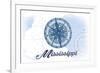 Mississippi - Compass - Blue - Coastal Icon-Lantern Press-Framed Art Print