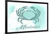 Mississippi - Crab - Teal - Coastal Icon-Lantern Press-Framed Art Print