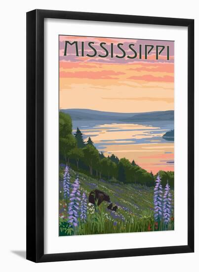 Mississippi - Lake and Bear Family-Lantern Press-Framed Art Print