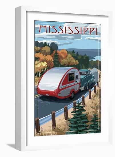 Mississippi - Retro Camper on Road-Lantern Press-Framed Art Print