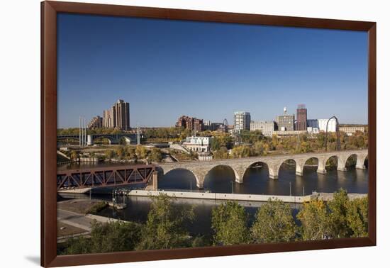 Mississippi River and City Skyline, Minneapolis, Minnesota, USA-Walter Bibikow-Framed Photographic Print