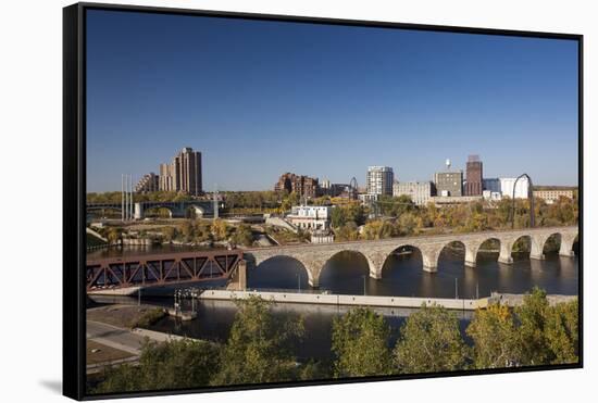Mississippi River and City Skyline, Minneapolis, Minnesota, USA-Walter Bibikow-Framed Stretched Canvas