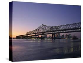 Mississippi River Bridge in the Evening and City Beyond, New Orleans, Louisiana-Charles Bowman-Stretched Canvas