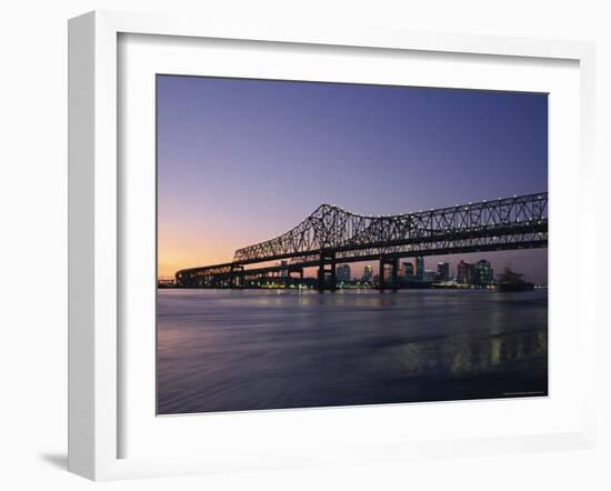 Mississippi River Bridge in the Evening and City Beyond, New Orleans, Louisiana-Charles Bowman-Framed Photographic Print