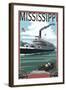 Mississippi - Riverboat and Rowboat-Lantern Press-Framed Art Print