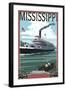 Mississippi - Riverboat and Rowboat-Lantern Press-Framed Art Print