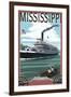 Mississippi - Riverboat and Rowboat-Lantern Press-Framed Art Print