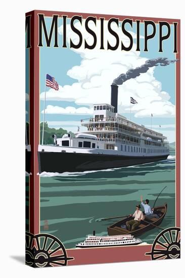 Mississippi - Riverboat and Rowboat-Lantern Press-Stretched Canvas