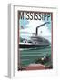 Mississippi - Riverboat and Rowboat-Lantern Press-Framed Art Print