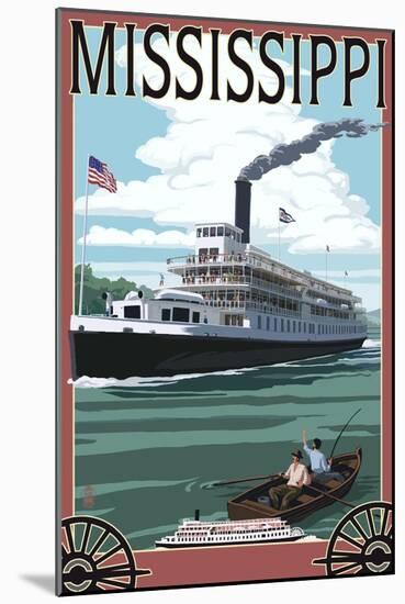 Mississippi - Riverboat and Rowboat-Lantern Press-Mounted Art Print