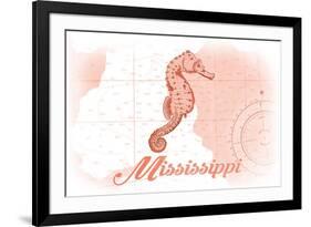 Mississippi - Seahorse - Coral - Coastal Icon-Lantern Press-Framed Premium Giclee Print