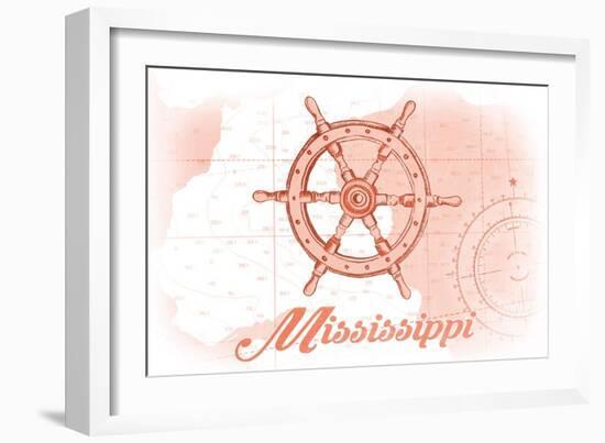 Mississippi - Ship Wheel - Coral - Coastal Icon-Lantern Press-Framed Art Print