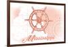 Mississippi - Ship Wheel - Coral - Coastal Icon-Lantern Press-Framed Art Print