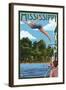 Mississippi - Woman Diving and Lake-Lantern Press-Framed Art Print