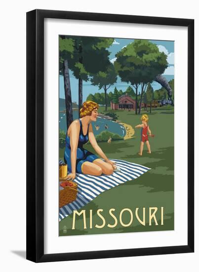 Missouri - Lake and Picnic Scene-Lantern Press-Framed Art Print