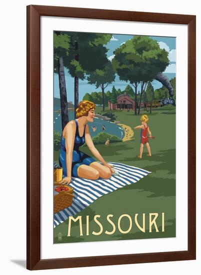 Missouri - Lake and Picnic Scene-Lantern Press-Framed Art Print