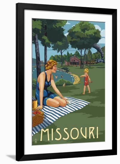 Missouri - Lake and Picnic Scene-Lantern Press-Framed Art Print