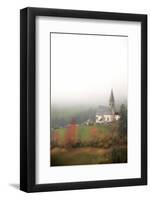 Mist and colourful trees surround the alpine church in the fall, St. Magdalena, Funes Valley, South-Roberto Moiola-Framed Photographic Print