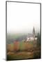 Mist and colourful trees surround the alpine church in the fall, St. Magdalena, Funes Valley, South-Roberto Moiola-Mounted Photographic Print