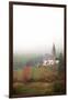 Mist and colourful trees surround the alpine church in the fall, St. Magdalena, Funes Valley, South-Roberto Moiola-Framed Premium Photographic Print