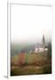 Mist and colourful trees surround the alpine church in the fall, St. Magdalena, Funes Valley, South-Roberto Moiola-Framed Photographic Print