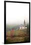 Mist and colourful trees surround the alpine church in the fall, St. Magdalena, Funes Valley, South-Roberto Moiola-Framed Photographic Print