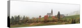 Mist and colourful trees surround the alpine church in the fall, St. Magdalena, Funes Valley, South-Roberto Moiola-Stretched Canvas