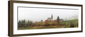 Mist and colourful trees surround the alpine church in the fall, St. Magdalena, Funes Valley, South-Roberto Moiola-Framed Photographic Print