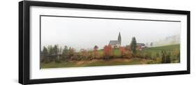 Mist and colourful trees surround the alpine church in the fall, St. Magdalena, Funes Valley, South-Roberto Moiola-Framed Photographic Print