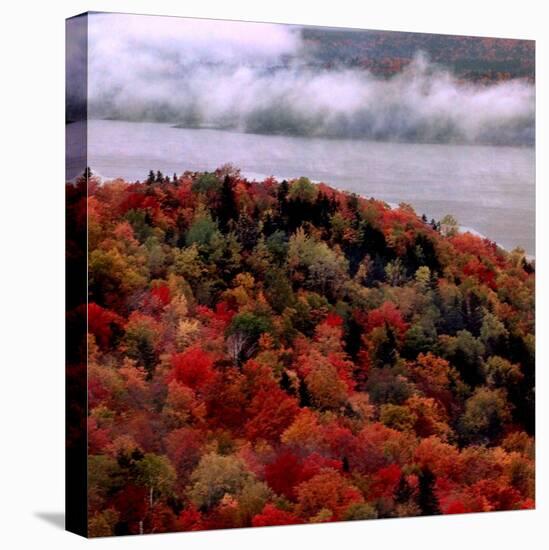 Mist Lingers Over Lobster Lake as Trees Show off Their Splendid Colors During Peak Fall Foliage-null-Stretched Canvas