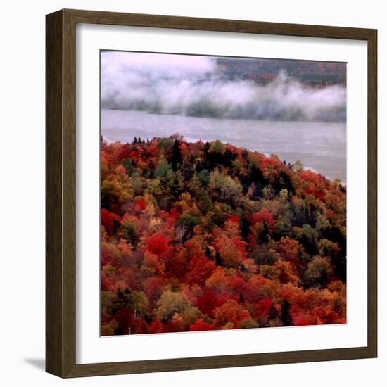 Mist Lingers Over Lobster Lake as Trees Show off Their Splendid Colors During Peak Fall Foliage-null-Framed Photographic Print