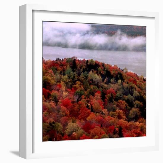 Mist Lingers Over Lobster Lake as Trees Show off Their Splendid Colors During Peak Fall Foliage-null-Framed Photographic Print