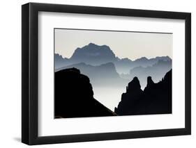 Mist on peaks of Dolomites and Monte Pelmo seen from Cima Belvedere at dawn, Val di Fassa, Trentino-Roberto Moiola-Framed Premium Photographic Print