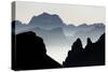 Mist on peaks of Dolomites and Monte Pelmo seen from Cima Belvedere at dawn, Val di Fassa, Trentino-Roberto Moiola-Stretched Canvas