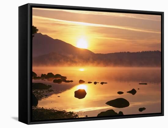 Mist Rising on Derwent Water at Sunrise, Lake District National Park, Cumbria, England, UK-Nigel Blythe-Framed Stretched Canvas