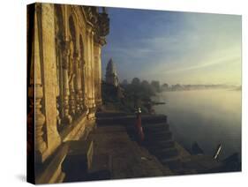 Misty Dawn on Narmada River, Bathing Ghats at Mandla, Madhya Pradesh State, India-David Beatty-Stretched Canvas