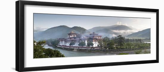 Misty Dawn View of the Punakha Dzong at the Junction of the Mo Chhu (Mother River) and Pho Chhu (Fa-Lee Frost-Framed Photographic Print