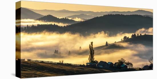 Misty farmland and mountains, Romania-Art Wolfe Wolfe-Stretched Canvas