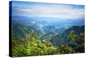 Misty Mountain Chains and Valley with Village as Seen from Tian Mu Shan Peak, Zhejiang, China-Andreas Brandl-Stretched Canvas