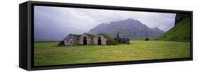 Misty Mountain Landscape with Stone Huts, Iceland-null-Framed Stretched Canvas