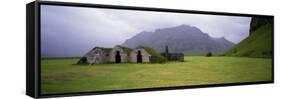 Misty Mountain Landscape with Stone Huts, Iceland-null-Framed Stretched Canvas