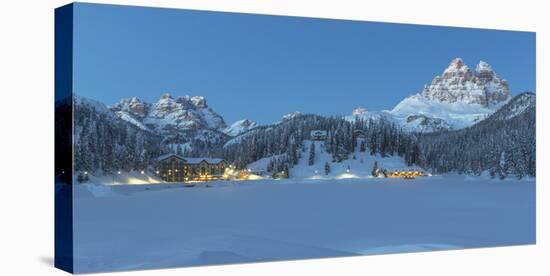 Misurina's Lake Covered by Winter Snow, with Lavaredo's Three Peaks and Monte Piana-ClickAlps-Stretched Canvas