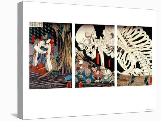 Mitsukini Defying the Skeleton Spectre, circa 1845-Kuniyoshi Utagawa-Stretched Canvas