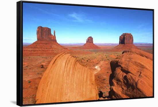 Mittens in Panoramic Landscape at Sunset, Monument Valley, Utah-Bill Bachmann-Framed Stretched Canvas