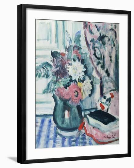 Mixed Dahlias in a Green Vase with a Book on a Chequered Tablecloth-George Leslie Hunter-Framed Giclee Print
