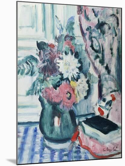 Mixed Dahlias in a Green Vase with a Book on a Chequered Tablecloth-George Leslie Hunter-Mounted Giclee Print