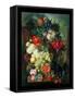Mixed Flowers and Pineapples in an Urn with a Bird's Nest and a Cat-Jan van Os-Framed Stretched Canvas