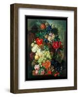 Mixed Flowers and Pineapples in an Urn with a Bird's Nest and a Cat-Jan van Os-Framed Giclee Print