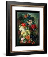 Mixed Flowers and Pineapples in an Urn with a Bird's Nest and a Cat-Jan van Os-Framed Giclee Print